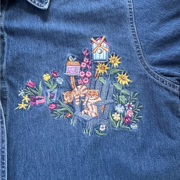 Vintage Cool Blues Women’s Denim Button Down Short Sleeve Embroidered Cats Small - Picture 5 of 7
